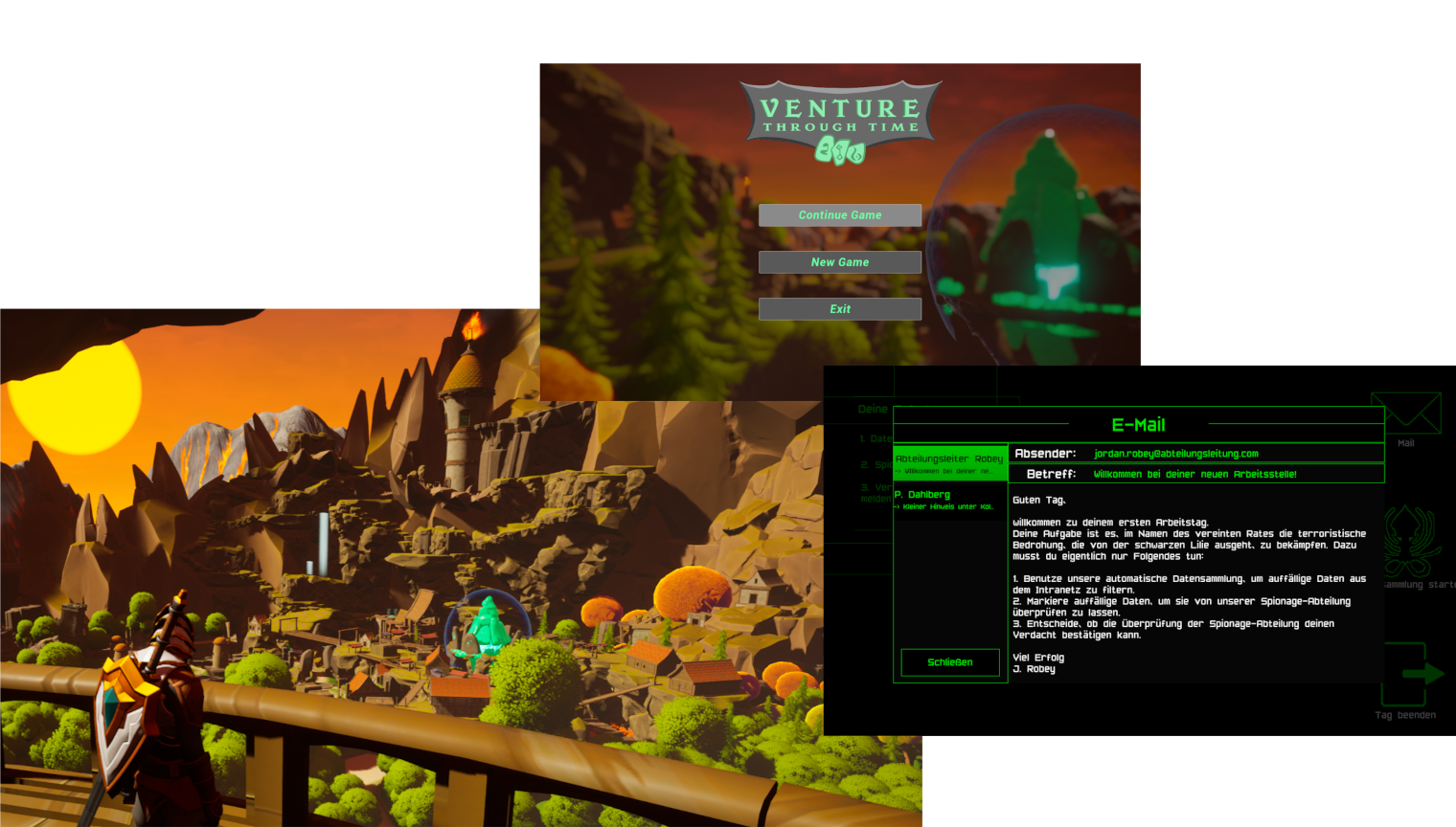 Three screenshots of games. One is showing a main menu with blurred background. One is showing a black desktop with open mail programm and one is showing a person standing on a tower looking at a valley.